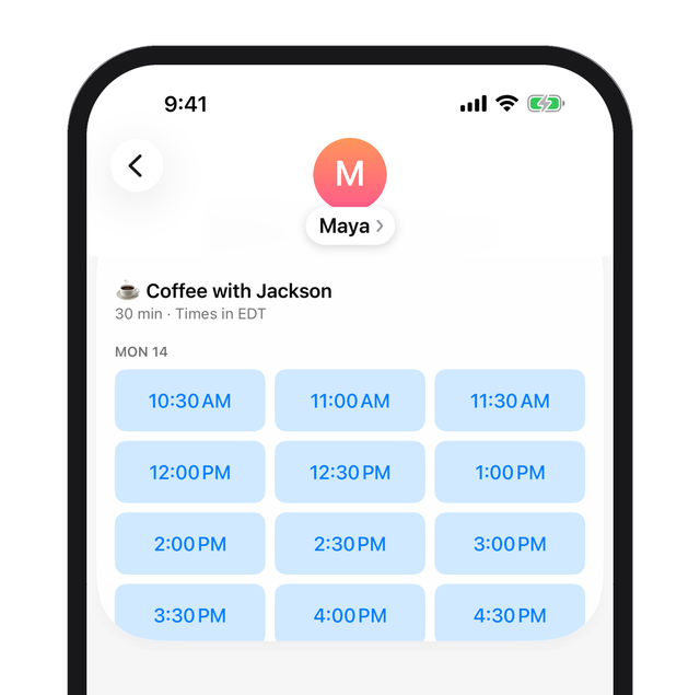A grid of open time slots inside the Messages drawer.