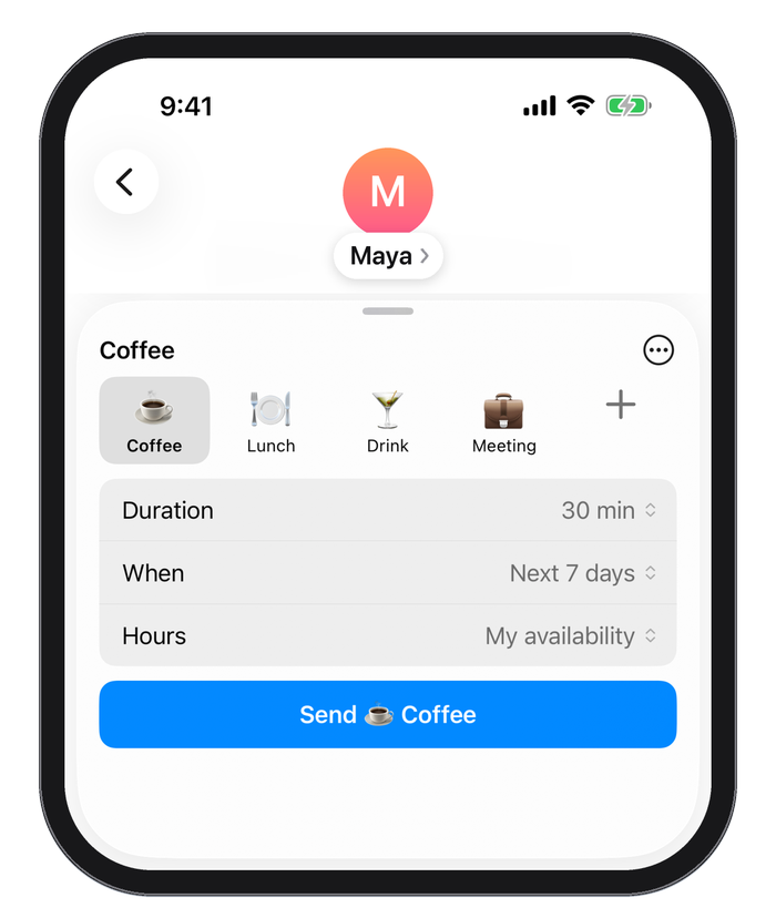 The Availability composer in Messages showing Coffee, Lunch, Drink and Meeting presets.