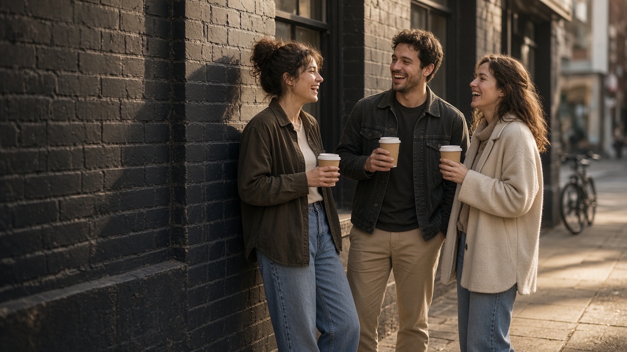 Three friends laughing over coffee outside a corner cafe in morning light.